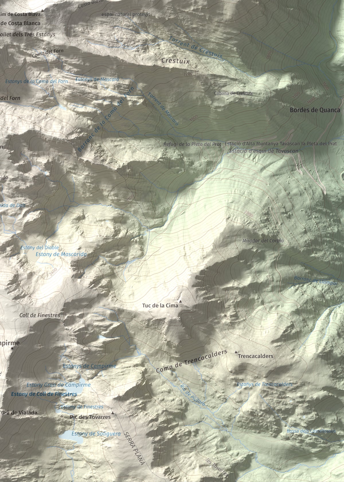 Mapa de relieve de Pic de Ventolau, 2851 m, Pallars Sobirà, lámina 100 Cims de Trobart. Detalle de la zona inferior derecha. 50 × 70 cm.