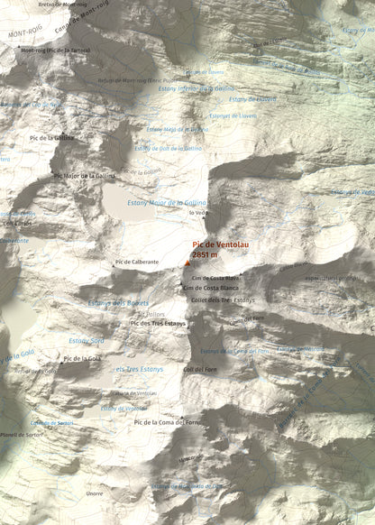Mapa de relieve de Pic de Ventolau, 2851 m, Pallars Sobirà, lámina 100 Cims de Trobart. Detalle de la zona central. 50 × 70 cm.
