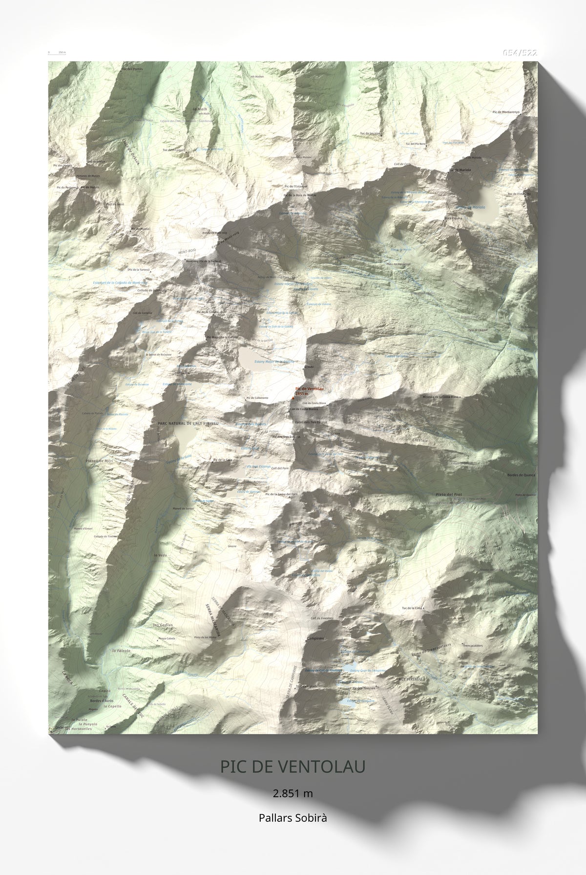 Mapa de relieve de Pic de Ventolau, 2851 m, Pallars Sobirà, lámina 100 Cims de Trobart 61 × 91 cm.
