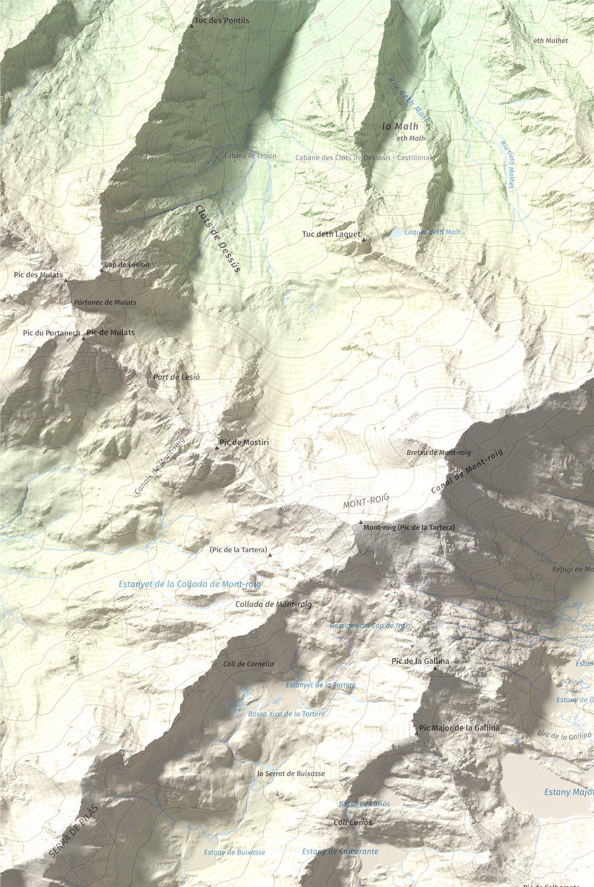 Mapa de relieve de Pic de Ventolau, 2851 m, Pallars Sobirà, lámina 100 Cims de Trobart. Detalle de la zona superior izquierda. 61 × 91 cm.