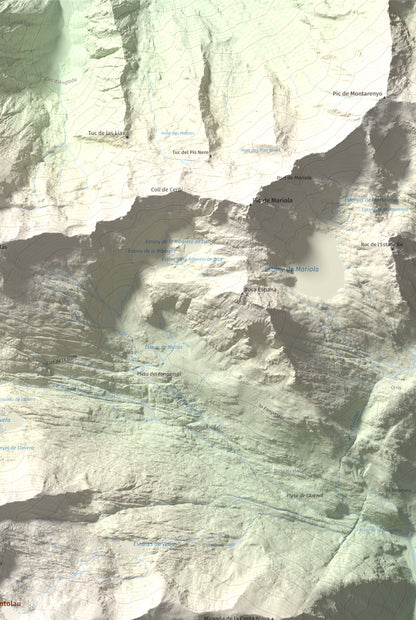 Mapa de relieve de Pic de Ventolau, 2851 m, Pallars Sobirà, lámina 100 Cims de Trobart. Detalle de la zona superior derecha. 61 × 91 cm.