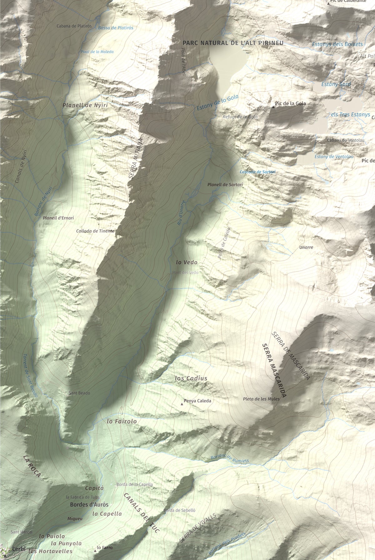 Mapa de relieve de Pic de Ventolau, 2851 m, Pallars Sobirà, lámina 100 Cims de Trobart. Detalle de la zona inferior izquierda. 61 × 91 cm.