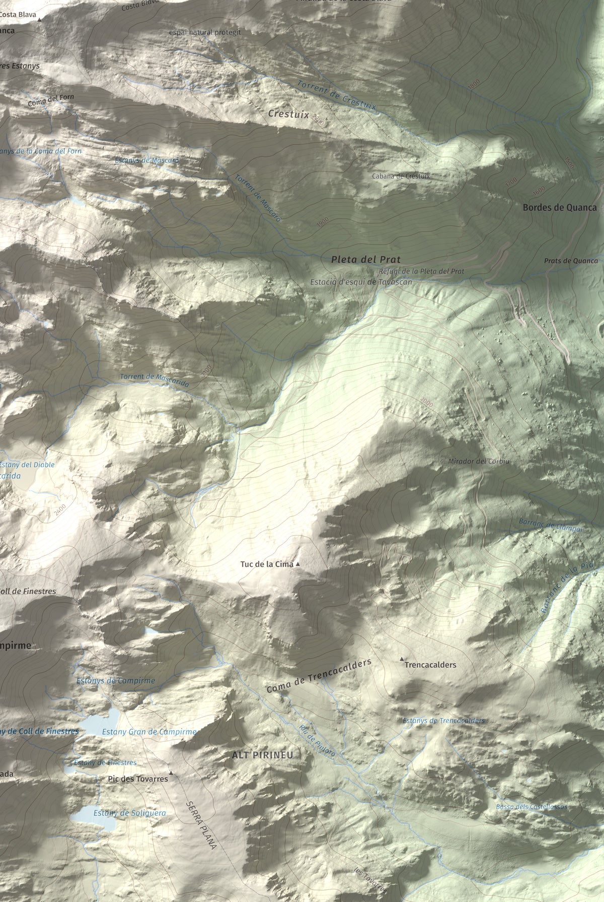 Mapa de relieve de Pic de Ventolau, 2851 m, Pallars Sobirà, lámina 100 Cims de Trobart. Detalle de la zona inferior derecha. 61 × 91 cm.