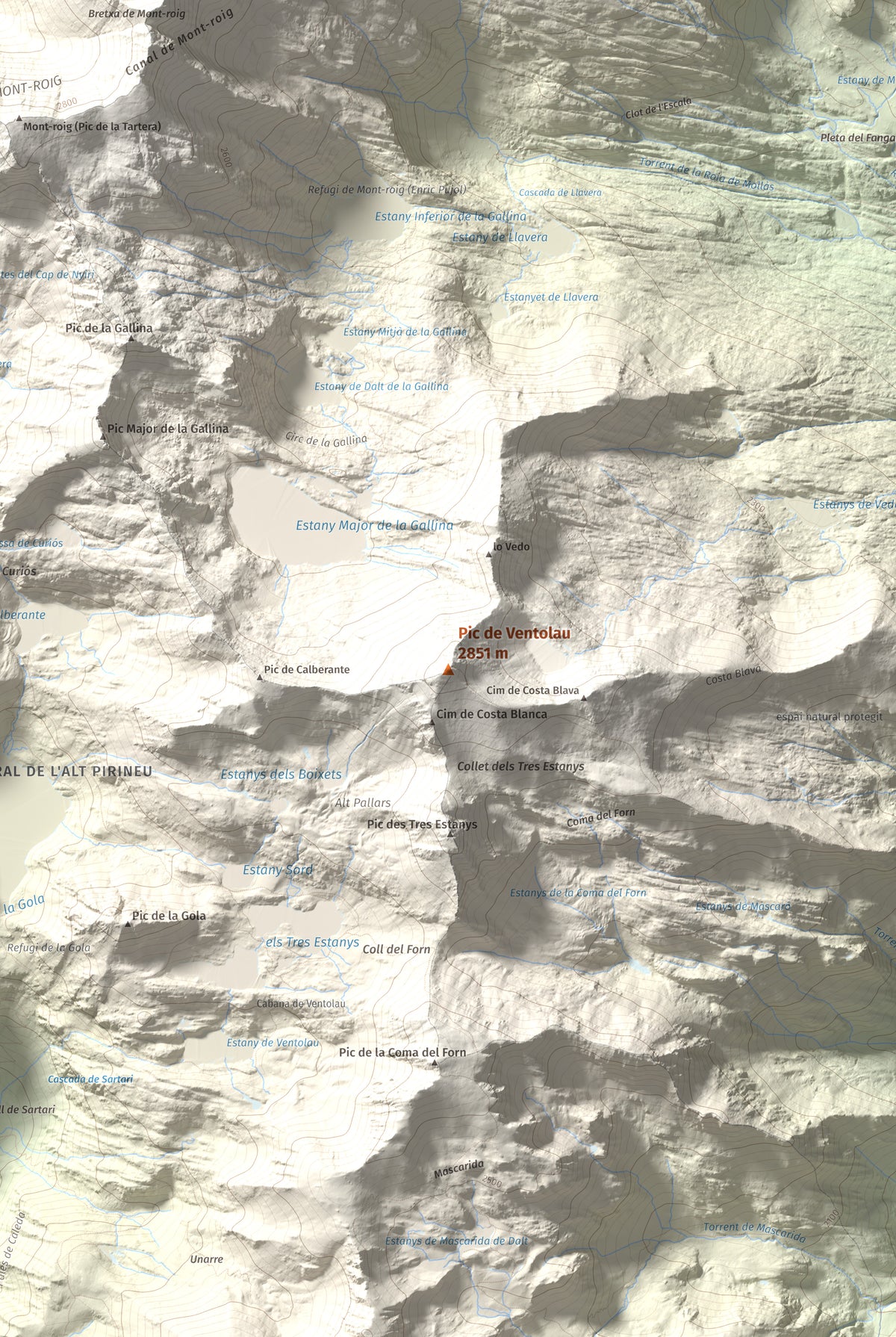 Mapa de relieve de Pic de Ventolau, 2851 m, Pallars Sobirà, lámina 100 Cims de Trobart. Detalle de la zona central. 61 × 91 cm.