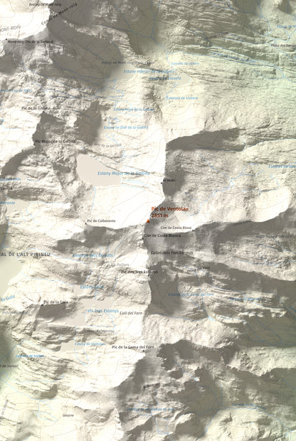 Mapa de relieve de Pic de Ventolau, 2851 m, Pallars Sobirà, lámina 100 Cims de Trobart. Detalle de la zona central. 61 × 91 cm.