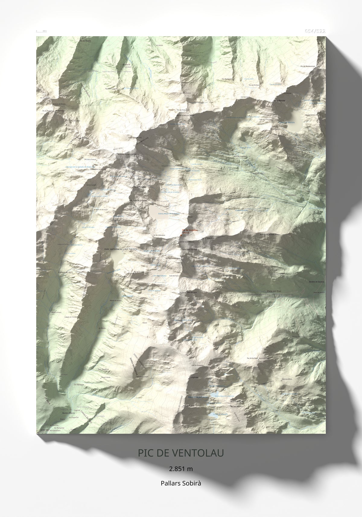Mapa de relieve de Pic de Ventolau, 2851 m, Pallars Sobirà, lámina 100 Cims de Trobart 70 × 100 cm.
