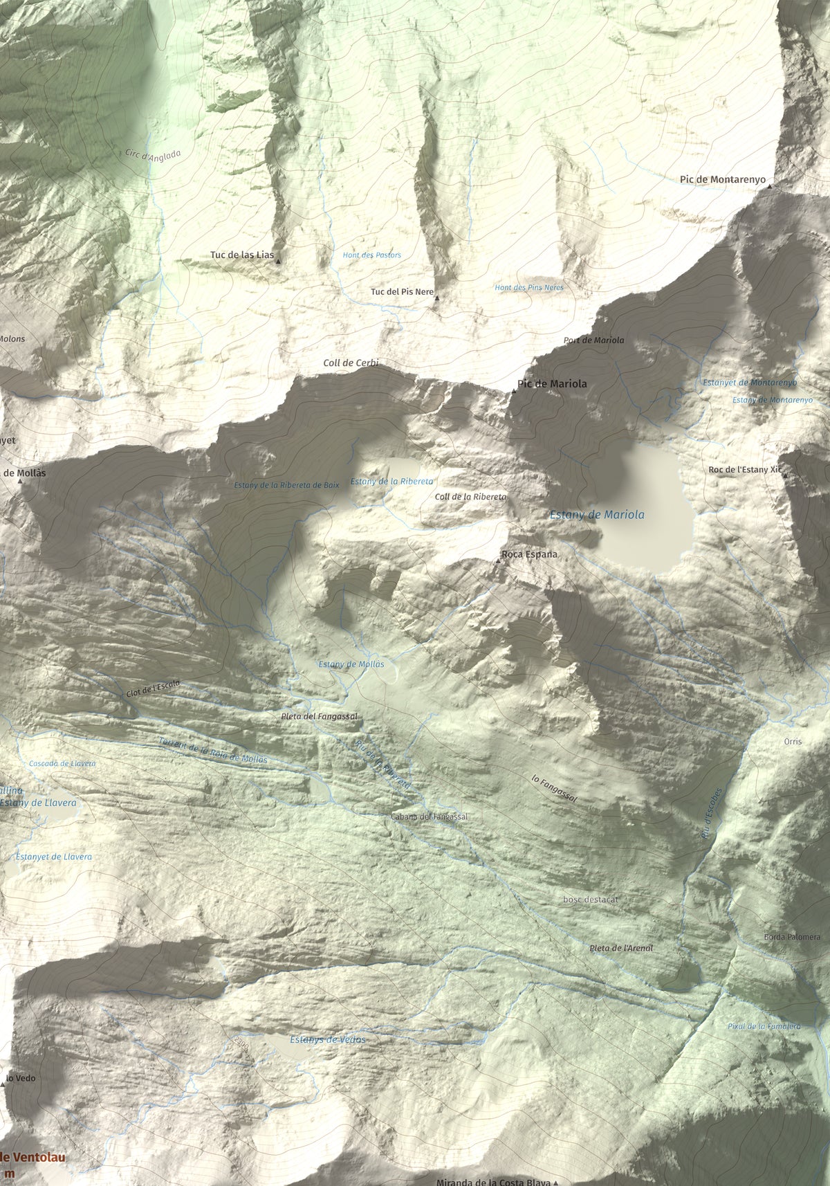 Mapa de relieve de Pic de Ventolau, 2851 m, Pallars Sobirà, lámina 100 Cims de Trobart. Detalle de la zona superior derecha. 70 × 100 cm.