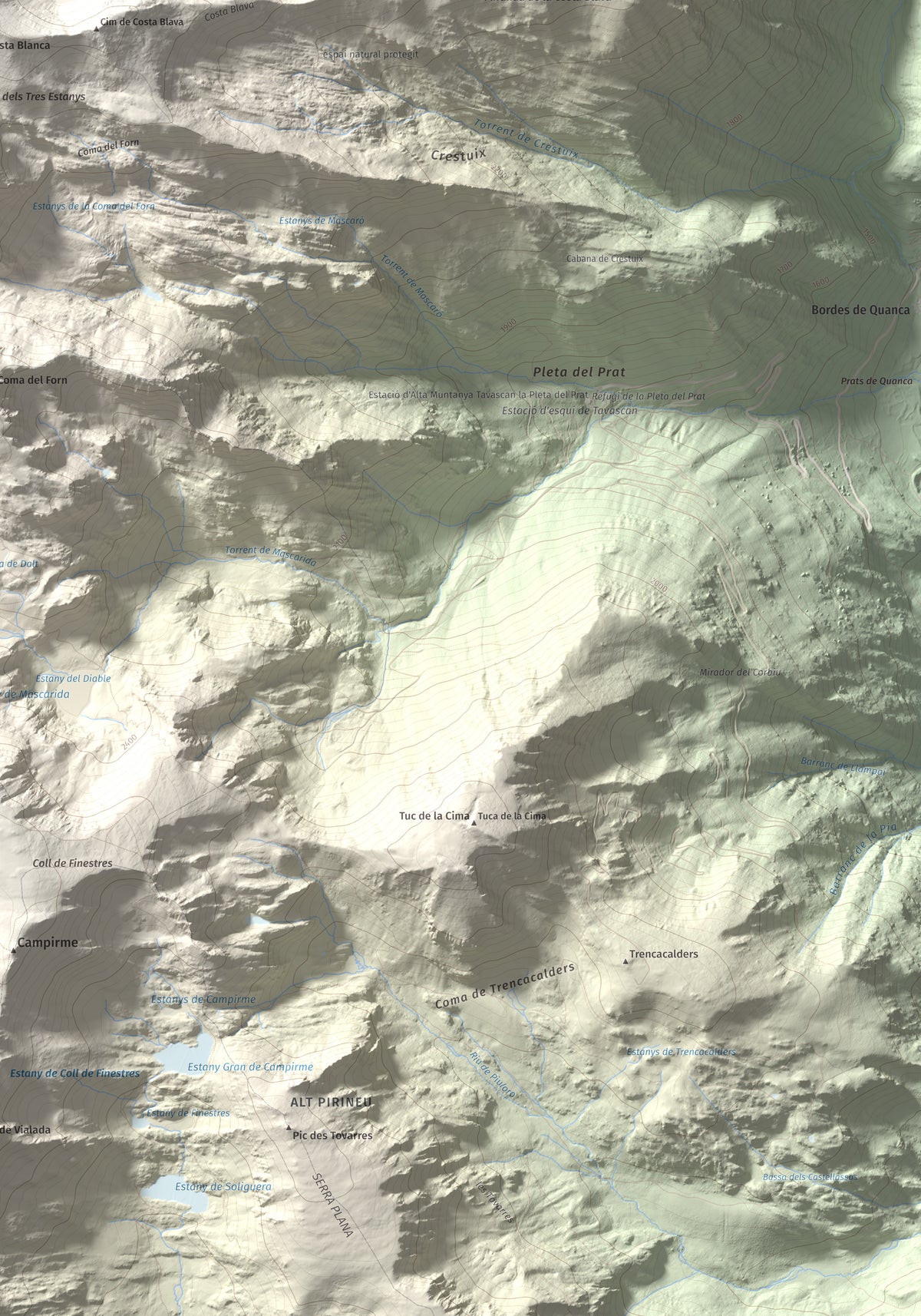 Mapa de relieve de Pic de Ventolau, 2851 m, Pallars Sobirà, lámina 100 Cims de Trobart. Detalle de la zona inferior derecha. 70 × 100 cm.