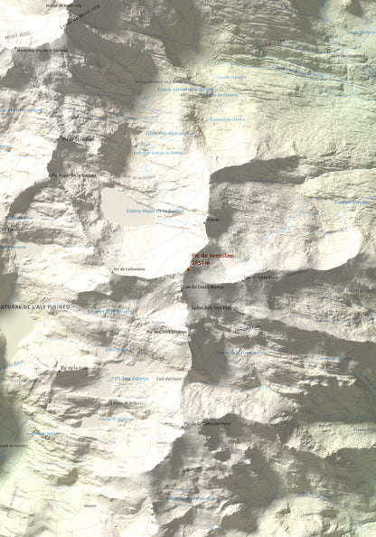 Mapa de relieve de Pic de Ventolau, 2851 m, Pallars Sobirà, lámina 100 Cims de Trobart. Detalle de la zona central. 70 × 100 cm.