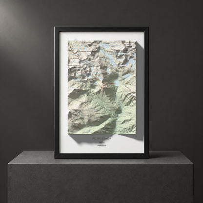Mapa de relieve de Pic de l'Espada, 2549 m, Pallars Jussà, lámina 100 Cims de Trobart. Presentación enmarcada. 21 × 30 cm.