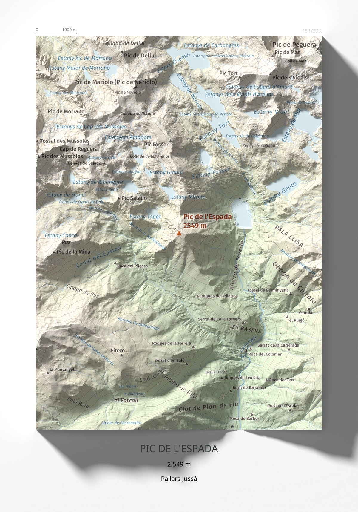 Mapa de relieve de Pic de l'Espada, 2549 m, Pallars Jussà, lámina 100 Cims de Trobart 21 × 30 cm.