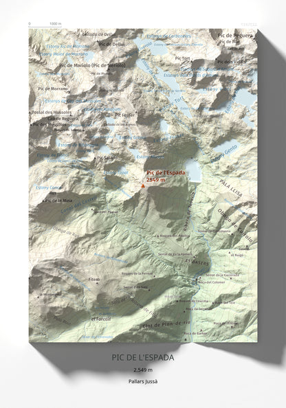 Mapa de relieve de Pic de l'Espada, 2549 m, Pallars Jussà, lámina 100 Cims de Trobart 21 × 30 cm.