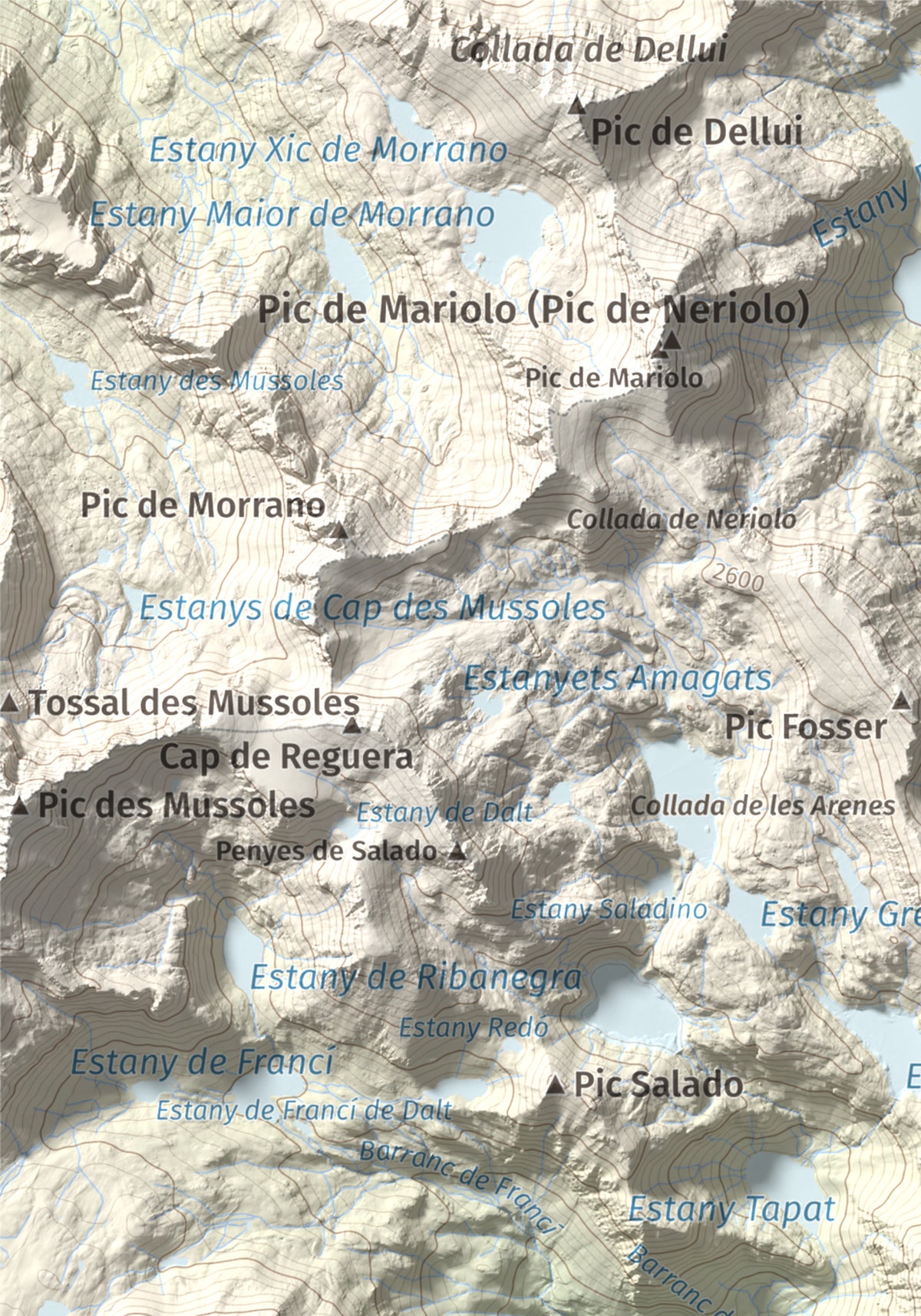 Mapa de relieve de Pic de l'Espada, 2549 m, Pallars Jussà, lámina 100 Cims de Trobart. Detalle de la zona superior izquierda. 21 × 30 cm.