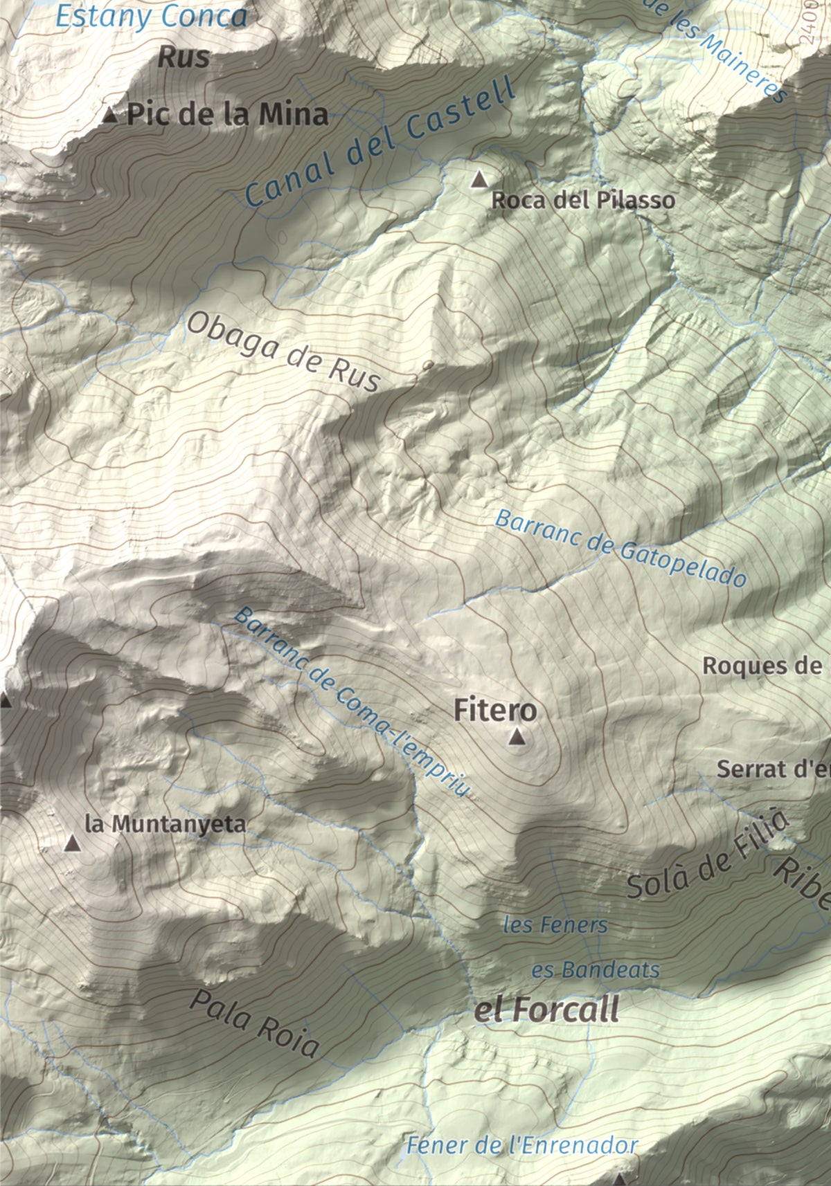 Mapa de relieve de Pic de l'Espada, 2549 m, Pallars Jussà, lámina 100 Cims de Trobart. Detalle de la zona inferior izquierda. 21 × 30 cm.