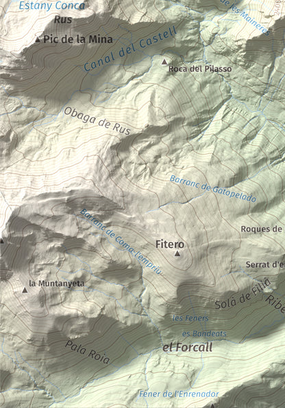 Mapa de relieve de Pic de l'Espada, 2549 m, Pallars Jussà, lámina 100 Cims de Trobart. Detalle de la zona inferior izquierda. 21 × 30 cm.