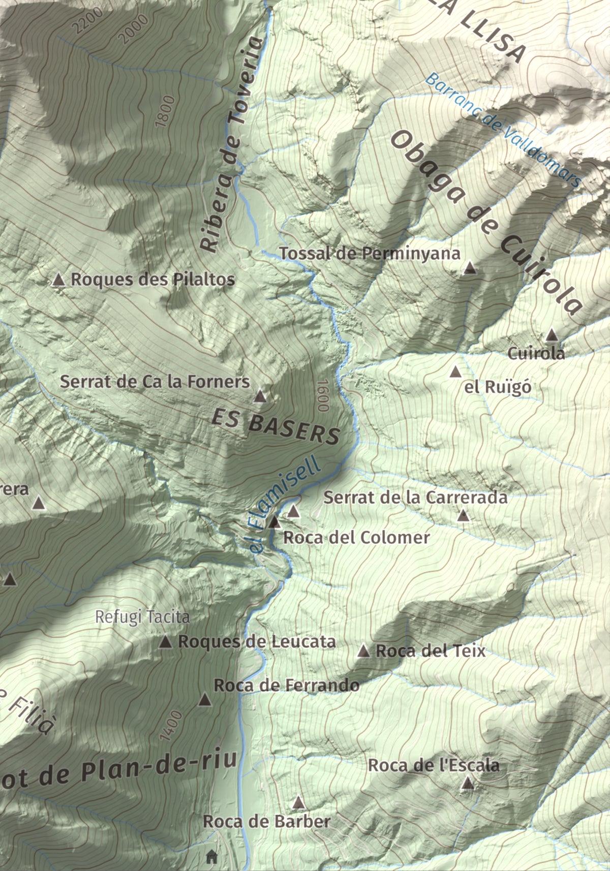 Mapa de relieve de Pic de l'Espada, 2549 m, Pallars Jussà, lámina 100 Cims de Trobart. Detalle de la zona inferior derecha. 21 × 30 cm.