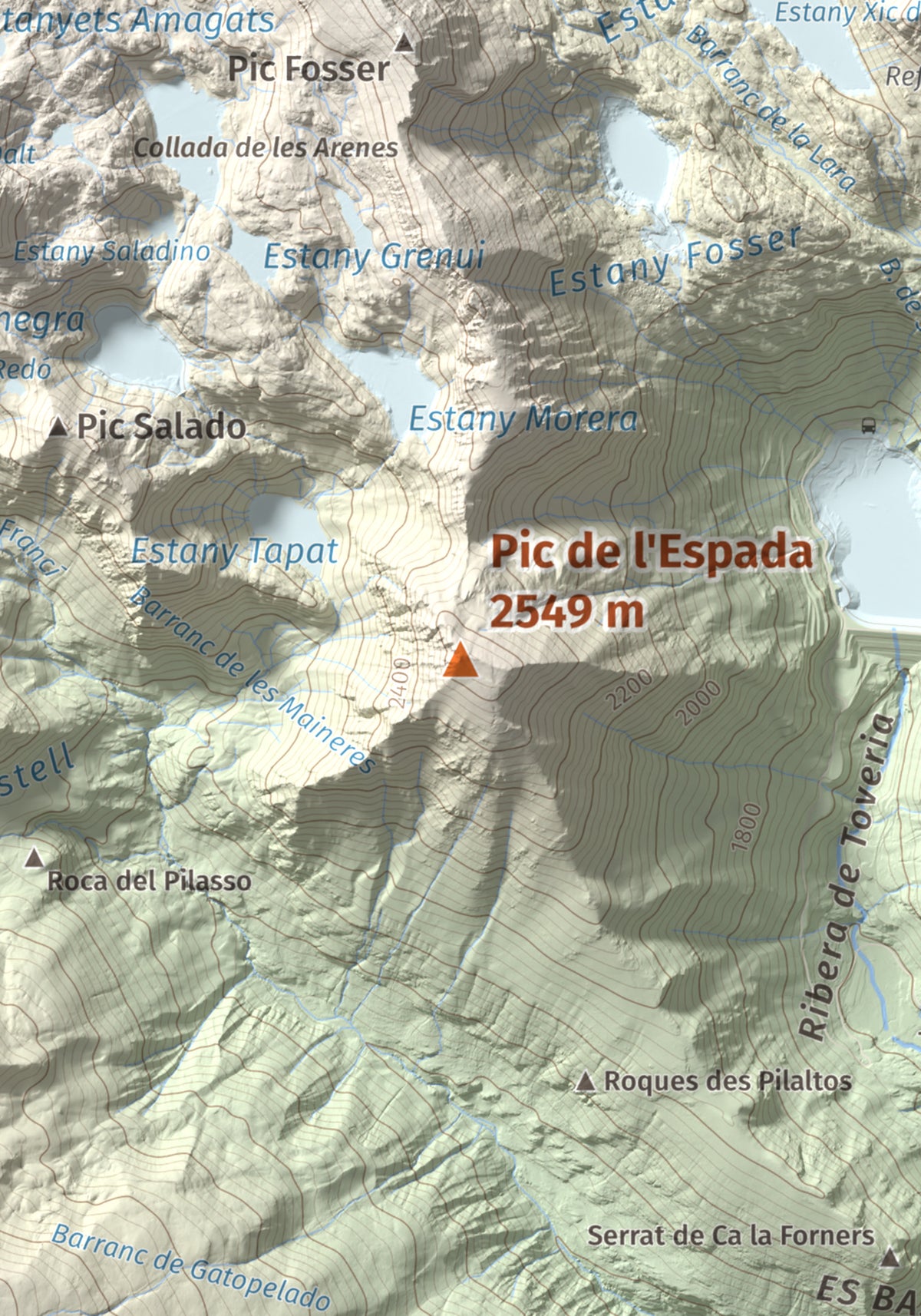 Mapa de relieve de Pic de l'Espada, 2549 m, Pallars Jussà, lámina 100 Cims de Trobart. Detalle de la zona central. 21 × 30 cm.
