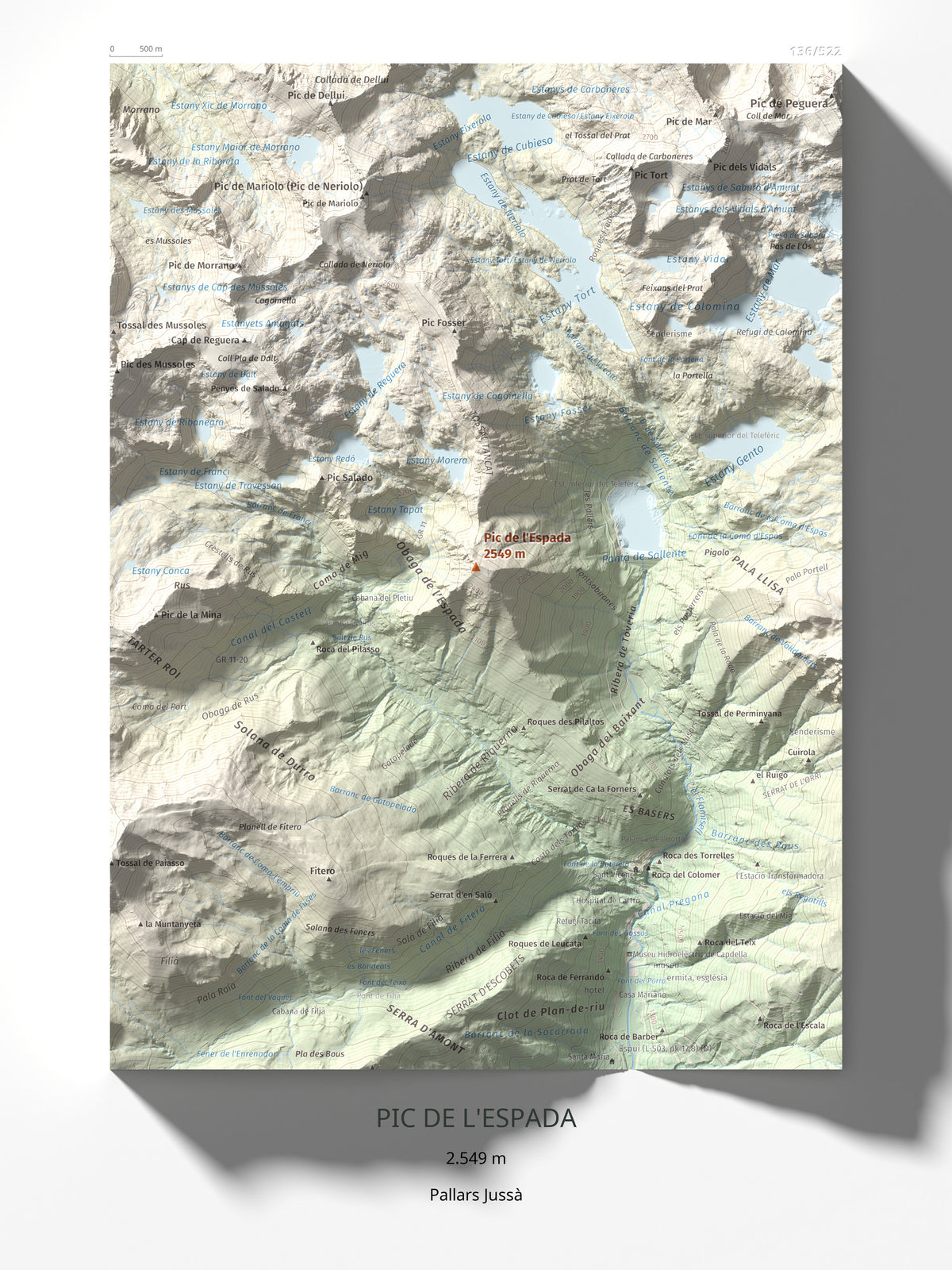 Mapa de relieve de Pic de l'Espada, 2549 m, Pallars Jussà, lámina 100 Cims de Trobart 30 × 40 cm.