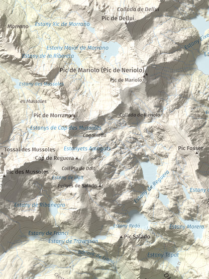 Mapa de relieve de Pic de l'Espada, 2549 m, Pallars Jussà, lámina 100 Cims de Trobart. Detalle de la zona superior izquierda. 30 × 40 cm.