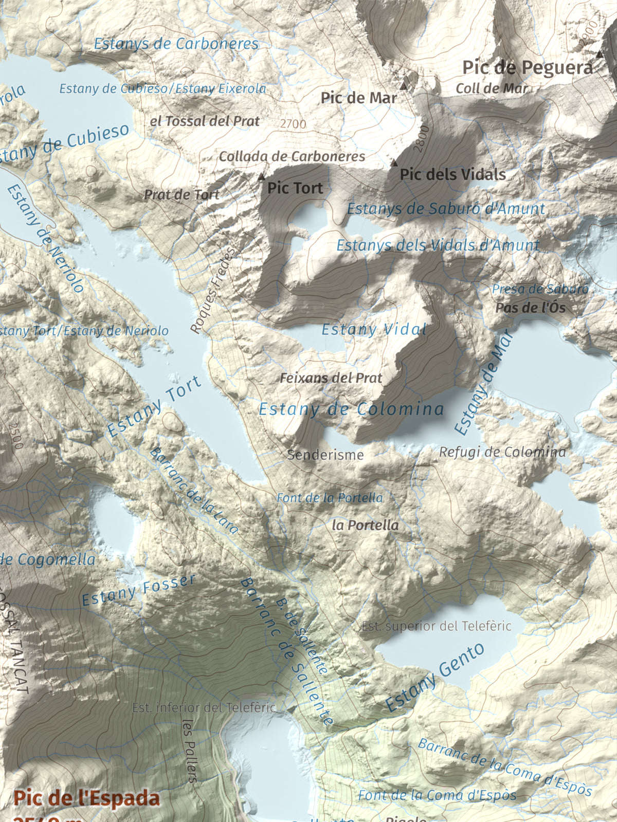Mapa de relieve de Pic de l'Espada, 2549 m, Pallars Jussà, lámina 100 Cims de Trobart. Detalle de la zona superior derecha. 30 × 40 cm.