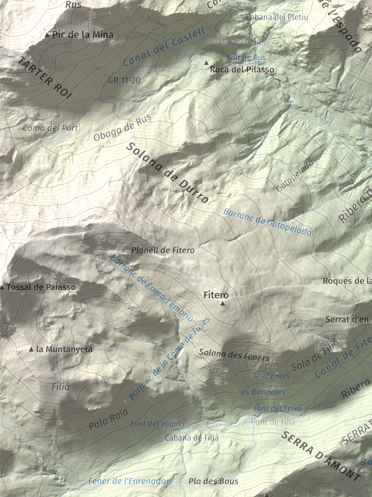 Mapa de relieve de Pic de l'Espada, 2549 m, Pallars Jussà, lámina 100 Cims de Trobart. Detalle de la zona inferior izquierda. 30 × 40 cm.