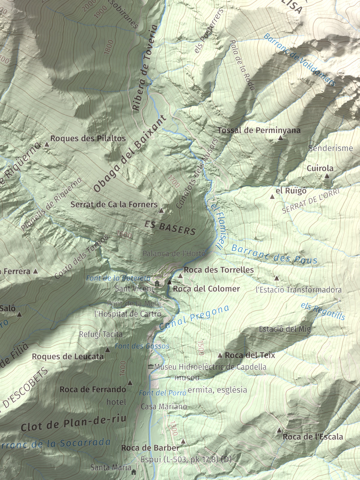 Mapa de relieve de Pic de l'Espada, 2549 m, Pallars Jussà, lámina 100 Cims de Trobart. Detalle de la zona inferior derecha. 30 × 40 cm.