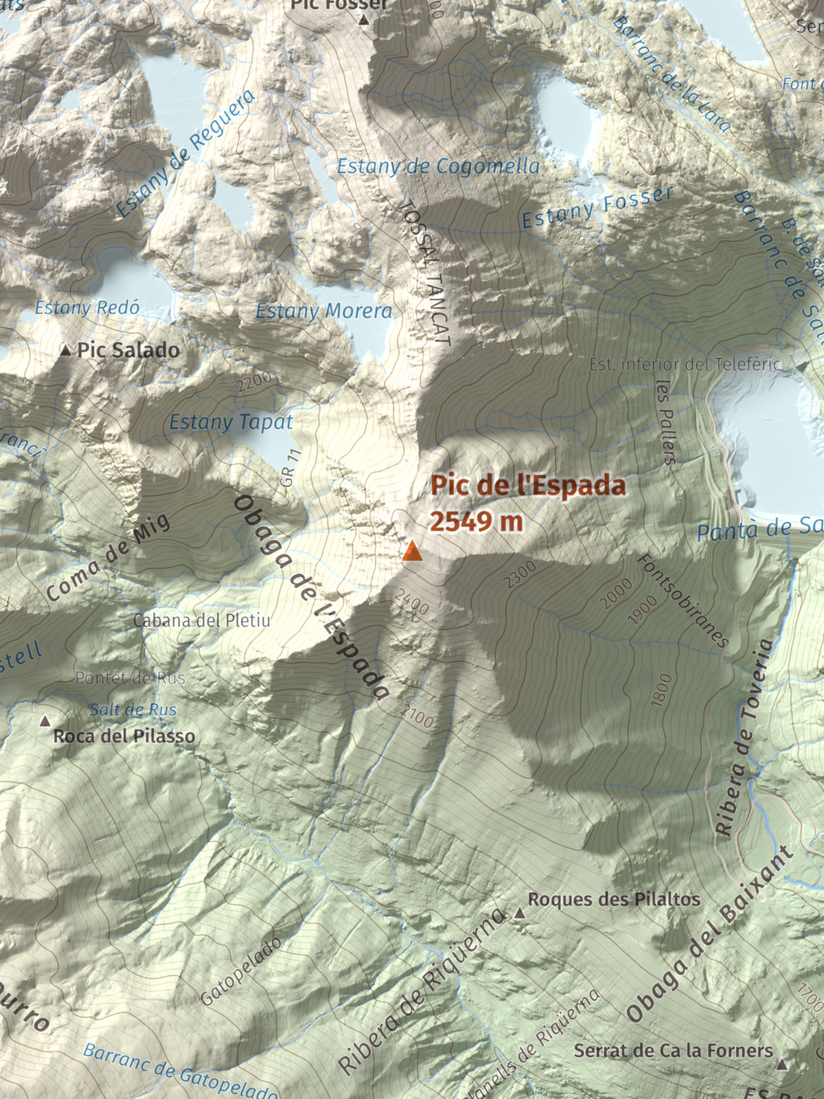 Mapa de relieve de Pic de l'Espada, 2549 m, Pallars Jussà, lámina 100 Cims de Trobart. Detalle de la zona central. 30 × 40 cm.
