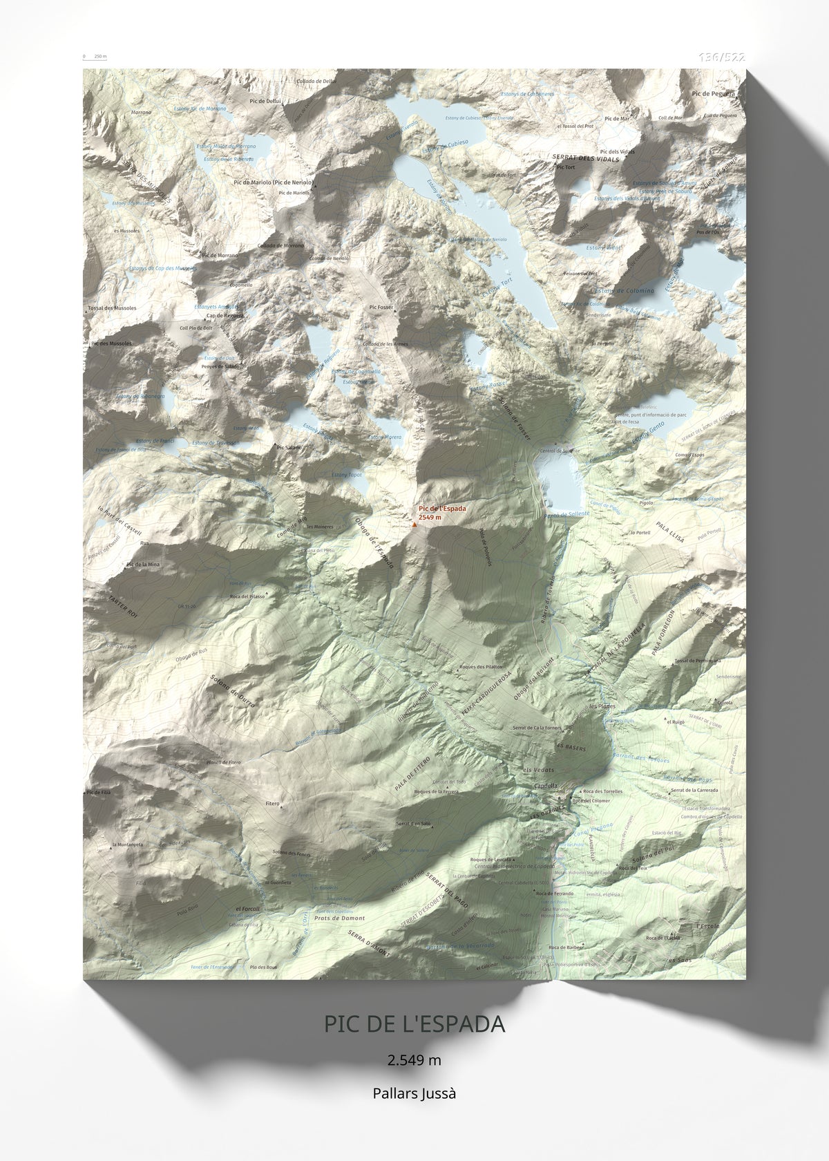 Mapa de relieve de Pic de l'Espada, 2549 m, Pallars Jussà, lámina 100 Cims de Trobart 50 × 70 cm.