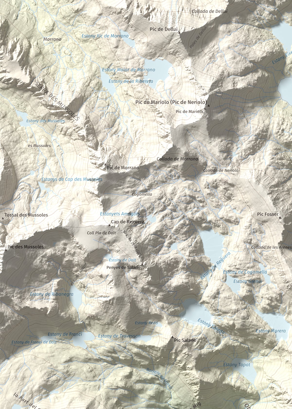 Mapa de relieve de Pic de l'Espada, 2549 m, Pallars Jussà, lámina 100 Cims de Trobart. Detalle de la zona superior izquierda. 50 × 70 cm.