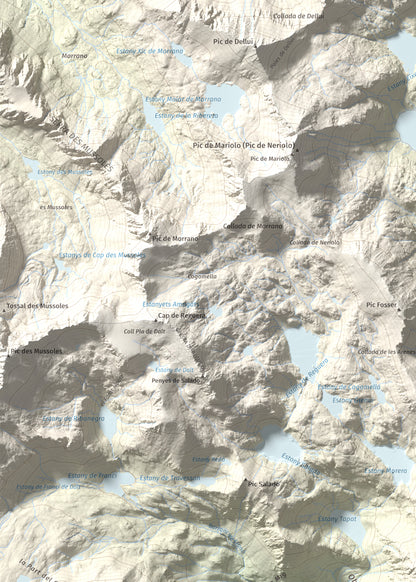Mapa de relieve de Pic de l'Espada, 2549 m, Pallars Jussà, lámina 100 Cims de Trobart. Detalle de la zona superior izquierda. 50 × 70 cm.