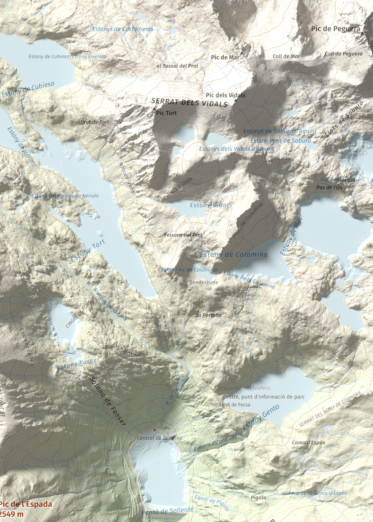 Mapa de relieve de Pic de l'Espada, 2549 m, Pallars Jussà, lámina 100 Cims de Trobart. Detalle de la zona superior derecha. 50 × 70 cm.