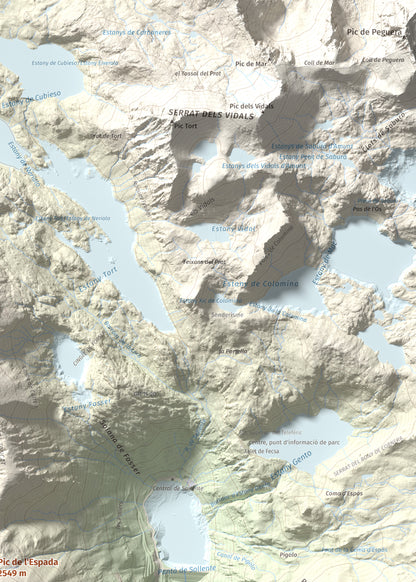 Mapa de relieve de Pic de l'Espada, 2549 m, Pallars Jussà, lámina 100 Cims de Trobart. Detalle de la zona superior derecha. 50 × 70 cm.