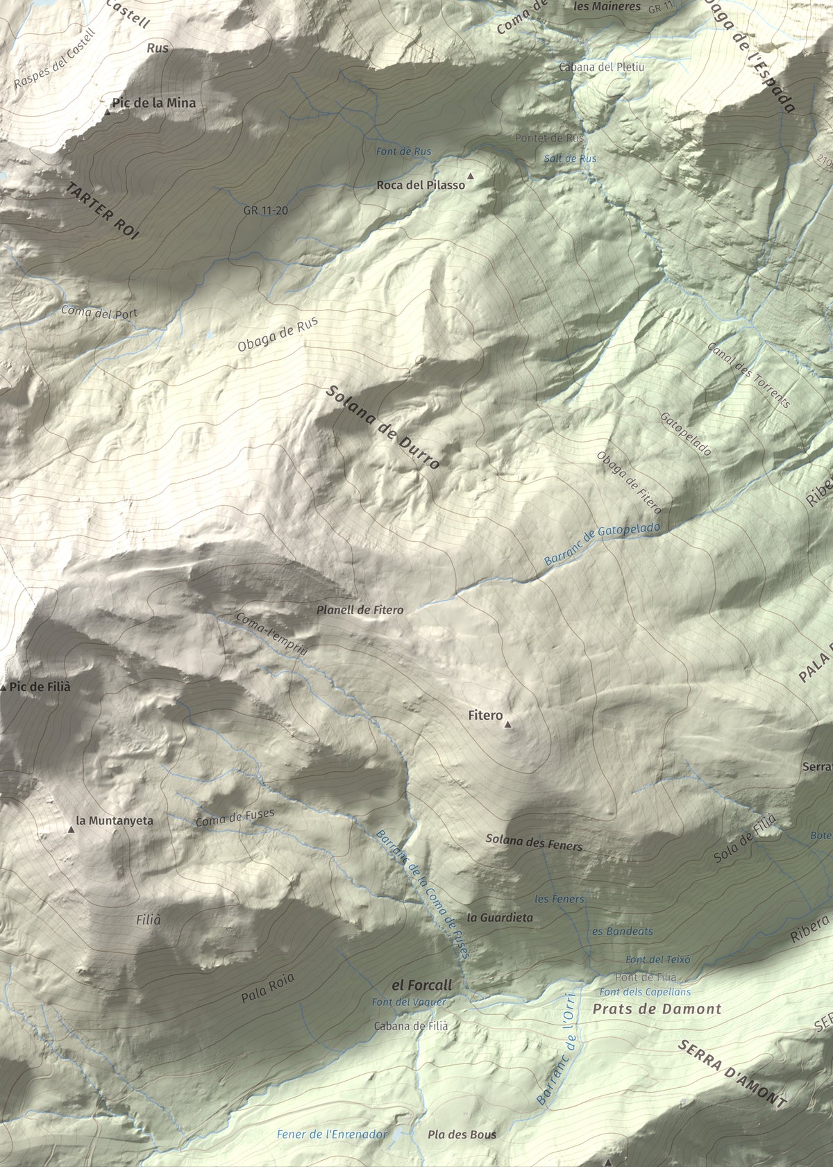 Mapa de relieve de Pic de l'Espada, 2549 m, Pallars Jussà, lámina 100 Cims de Trobart. Detalle de la zona inferior izquierda. 50 × 70 cm.