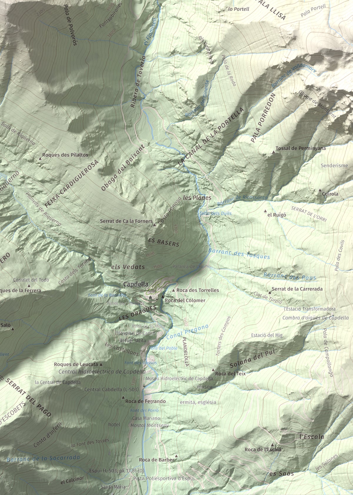 Mapa de relieve de Pic de l'Espada, 2549 m, Pallars Jussà, lámina 100 Cims de Trobart. Detalle de la zona inferior derecha. 50 × 70 cm.