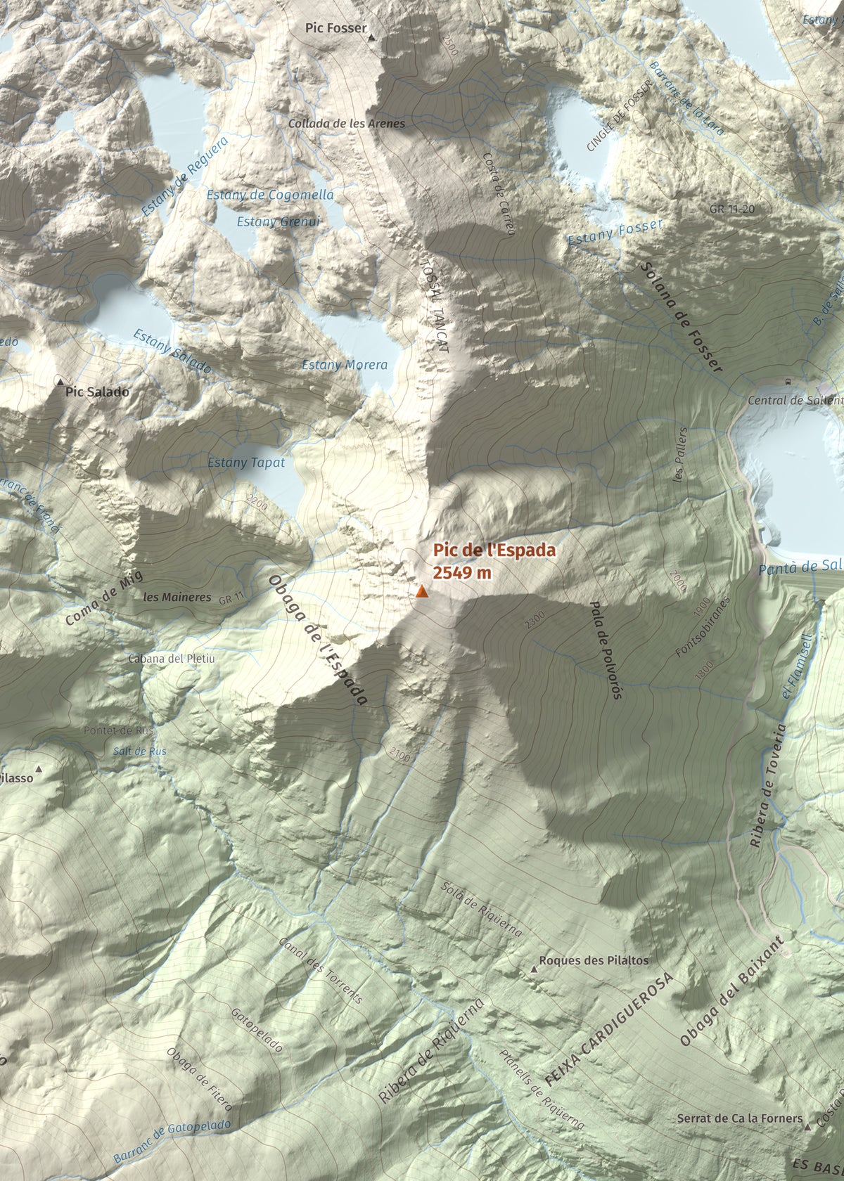 Mapa de relieve de Pic de l'Espada, 2549 m, Pallars Jussà, lámina 100 Cims de Trobart. Detalle de la zona central. 50 × 70 cm.