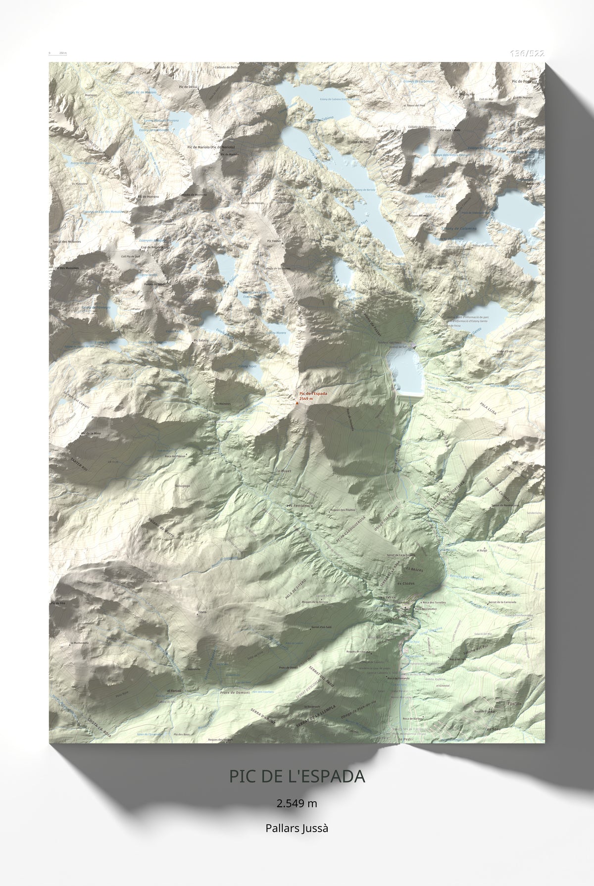 Mapa de relieve de Pic de l'Espada, 2549 m, Pallars Jussà, lámina 100 Cims de Trobart 61 × 91 cm.