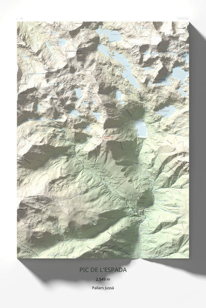 Mapa de relieve de Pic de l'Espada, 2549 m, Pallars Jussà, lámina 100 Cims de Trobart 61 × 91 cm.