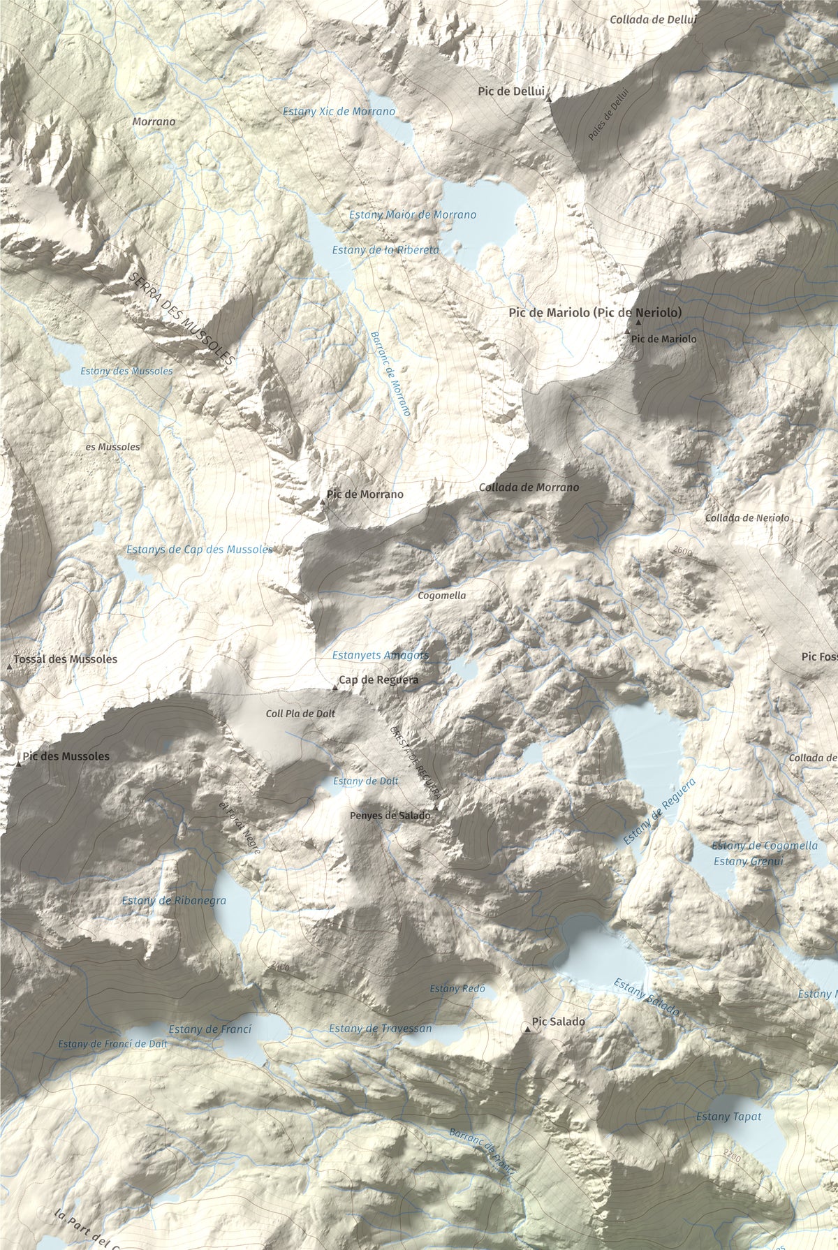 Mapa de relieve de Pic de l'Espada, 2549 m, Pallars Jussà, lámina 100 Cims de Trobart. Detalle de la zona superior izquierda. 61 × 91 cm.
