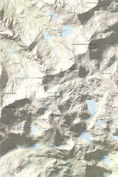 Mapa de relieve de Pic de l'Espada, 2549 m, Pallars Jussà, lámina 100 Cims de Trobart. Detalle de la zona superior izquierda. 61 × 91 cm.