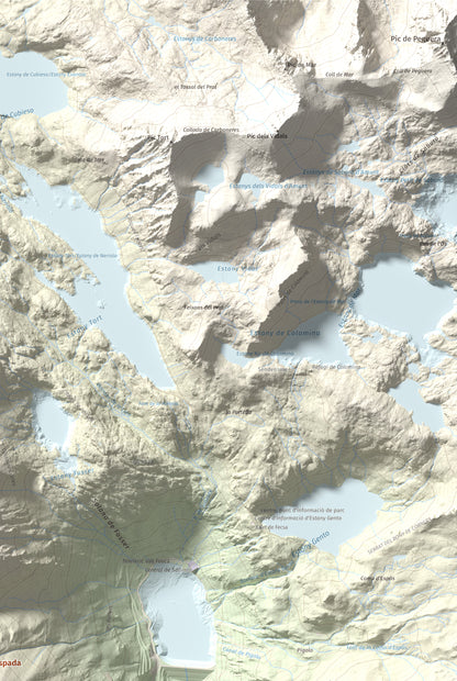 Mapa de relieve de Pic de l'Espada, 2549 m, Pallars Jussà, lámina 100 Cims de Trobart. Detalle de la zona superior derecha. 61 × 91 cm.