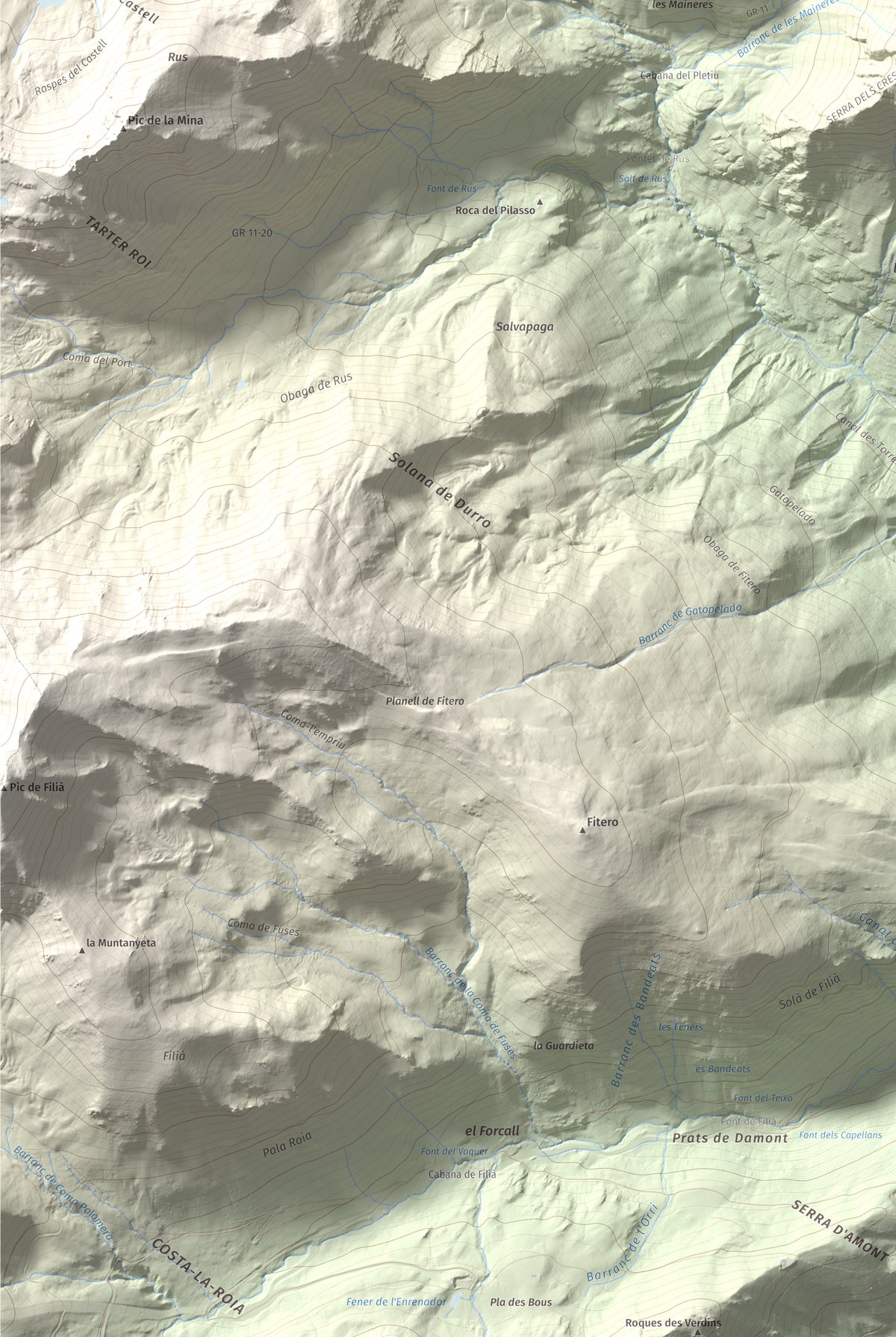 Mapa de relieve de Pic de l'Espada, 2549 m, Pallars Jussà, lámina 100 Cims de Trobart. Detalle de la zona inferior izquierda. 61 × 91 cm.