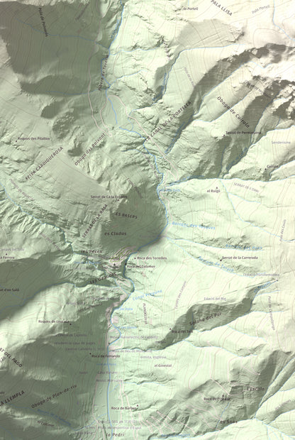 Mapa de relieve de Pic de l'Espada, 2549 m, Pallars Jussà, lámina 100 Cims de Trobart. Detalle de la zona inferior derecha. 61 × 91 cm.