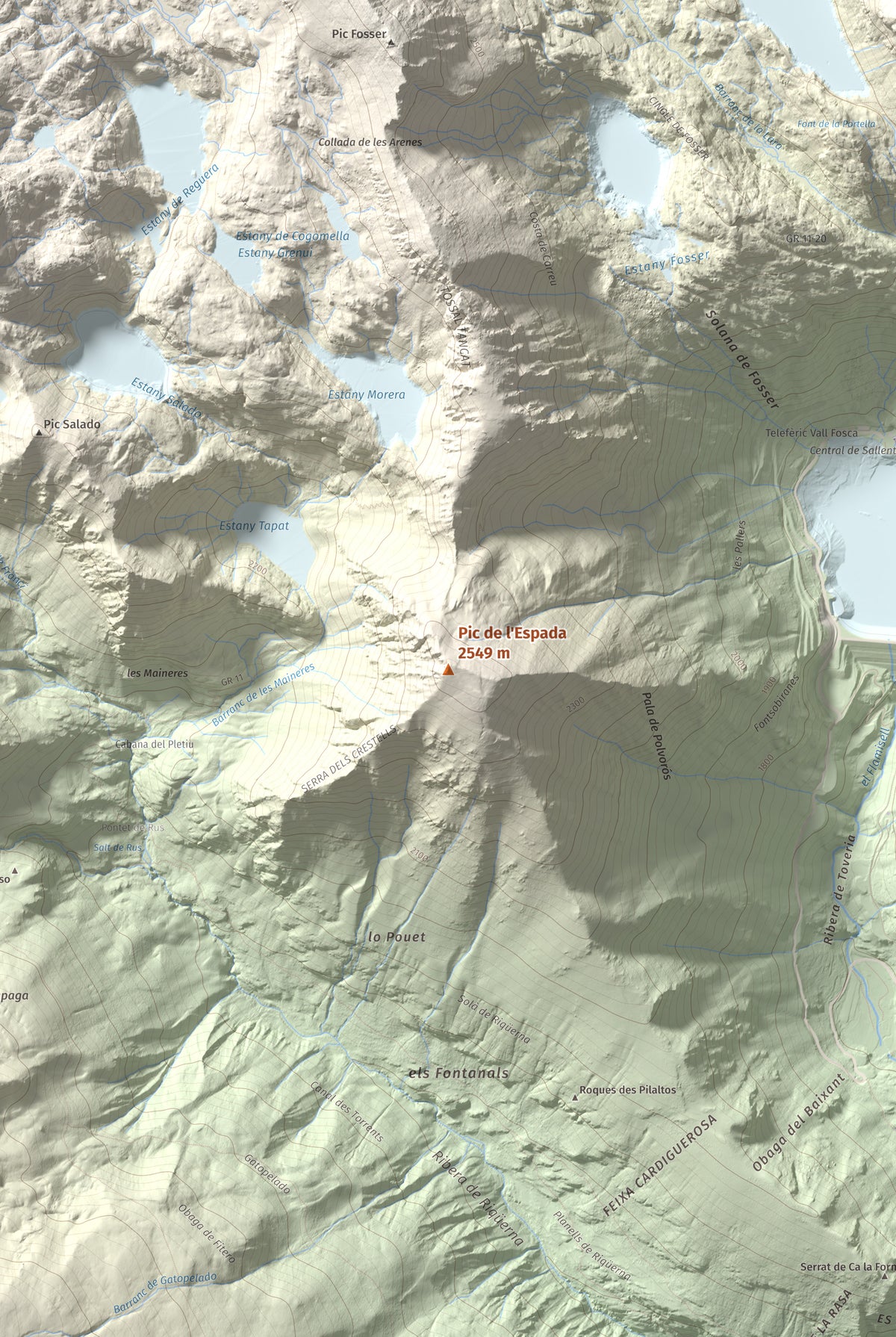 Mapa de relieve de Pic de l'Espada, 2549 m, Pallars Jussà, lámina 100 Cims de Trobart. Detalle de la zona central. 61 × 91 cm.