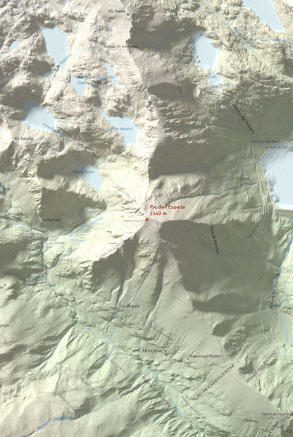 Mapa de relieve de Pic de l'Espada, 2549 m, Pallars Jussà, lámina 100 Cims de Trobart. Detalle de la zona central. 61 × 91 cm.