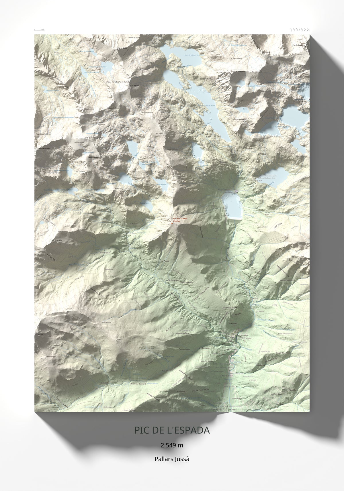 Mapa de relieve de Pic de l'Espada, 2549 m, Pallars Jussà, lámina 100 Cims de Trobart 70 × 100 cm.
