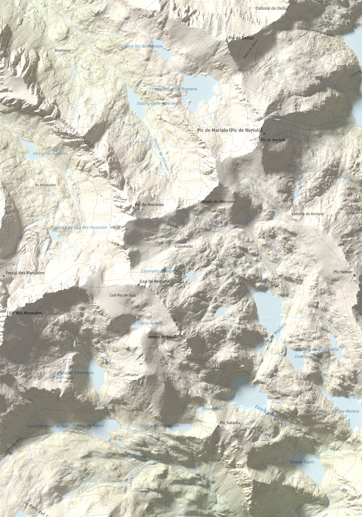 Mapa de relieve de Pic de l'Espada, 2549 m, Pallars Jussà, lámina 100 Cims de Trobart. Detalle de la zona superior izquierda. 70 × 100 cm.