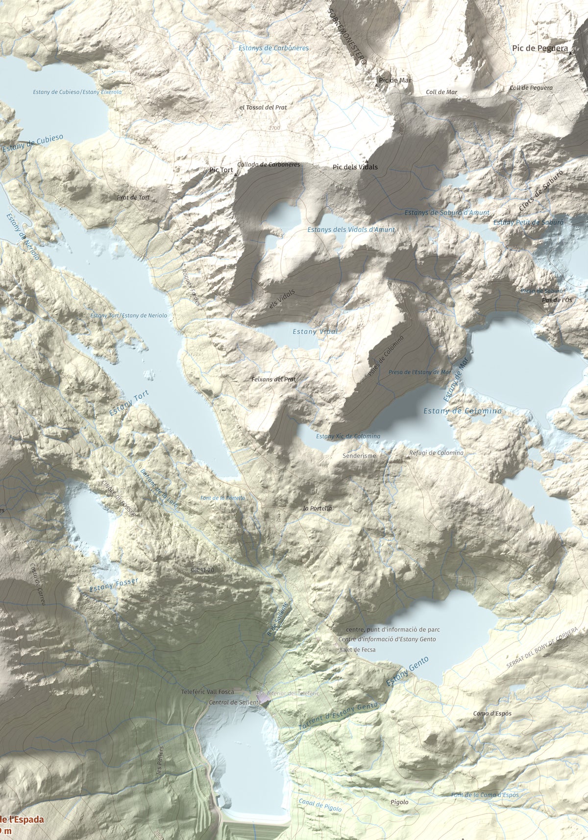 Mapa de relieve de Pic de l'Espada, 2549 m, Pallars Jussà, lámina 100 Cims de Trobart. Detalle de la zona superior derecha. 70 × 100 cm.