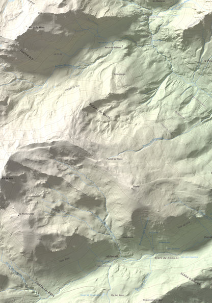 Mapa de relieve de Pic de l'Espada, 2549 m, Pallars Jussà, lámina 100 Cims de Trobart. Detalle de la zona inferior izquierda. 70 × 100 cm.