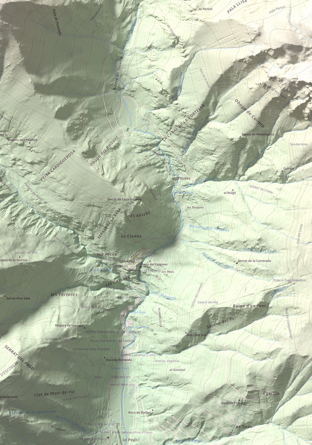 Mapa de relieve de Pic de l'Espada, 2549 m, Pallars Jussà, lámina 100 Cims de Trobart. Detalle de la zona inferior derecha. 70 × 100 cm.
