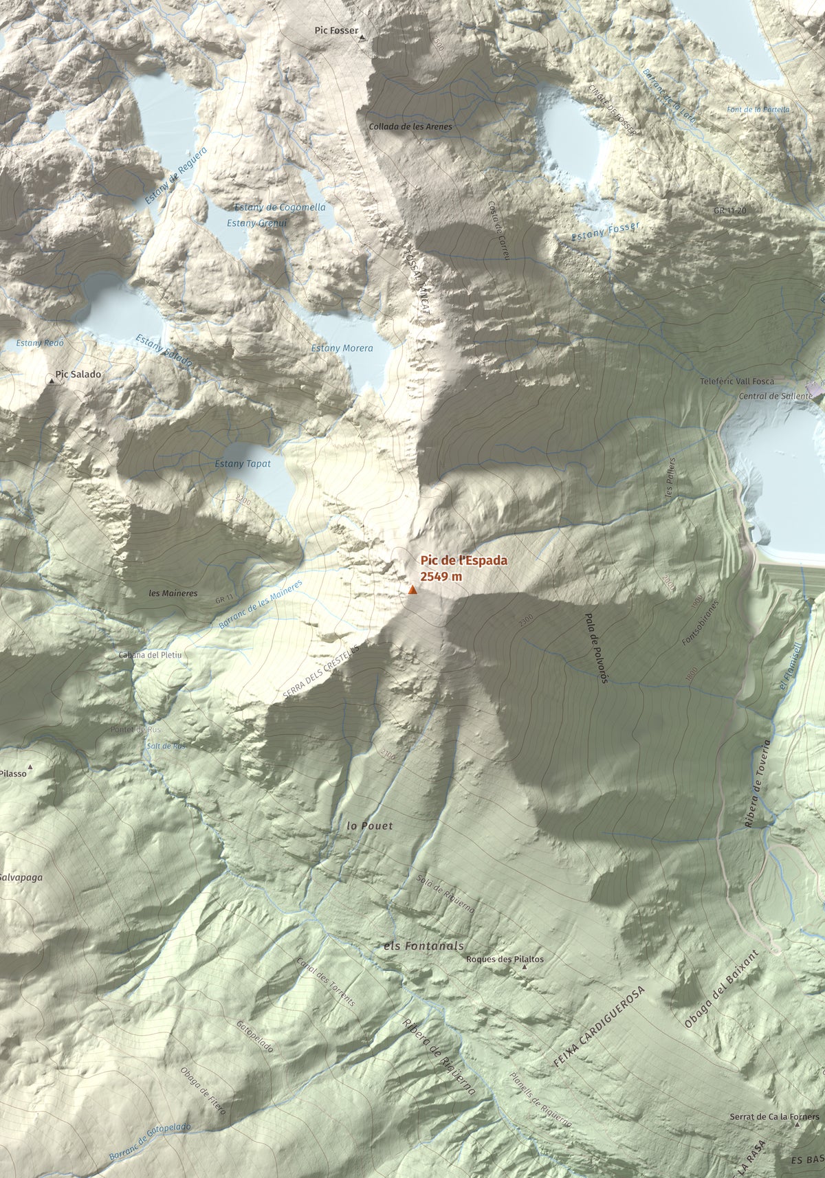 Mapa de relieve de Pic de l'Espada, 2549 m, Pallars Jussà, lámina 100 Cims de Trobart. Detalle de la zona central. 70 × 100 cm.